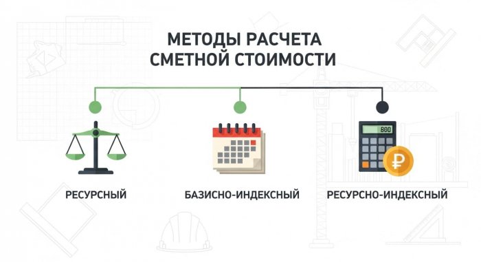 Основные методы расчета сметной стоимости строительства: ресурсный, базисно-индексный и ресурсно-индексный.