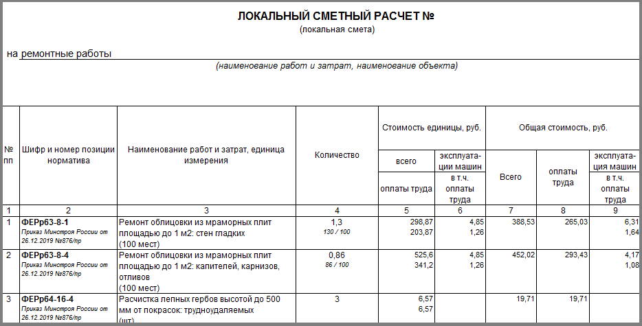 Пример локальной сметы памятник