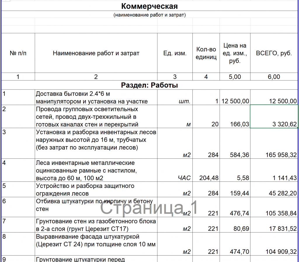 Форма коммерческой сметы
