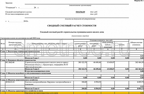 Готовый образец сводного сметного расчёта строительства муниципального жилого дома
