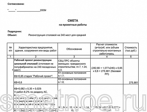 Смета на проектные работы по реконструкции столовой
