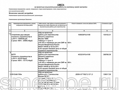 Смета на проектные (изыскательские) работы по комплексу жилой застройки