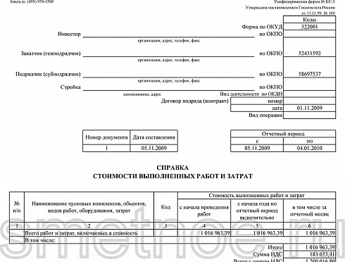 Пример справки о стоимости на отделочные работы по форме КС-3